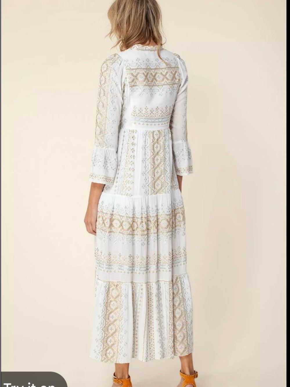 Hale Bob White Maxi Dress with Tan Patterned Panels size small NWT - Picture 2 of 14